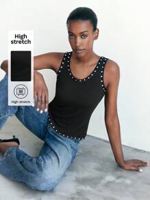 Maija Débardeur casual ajusté en tissu côtelé avec élément de rivet noir, élégant et polyvalent, vêtement d'extérieur pour femmes en automne/hiver