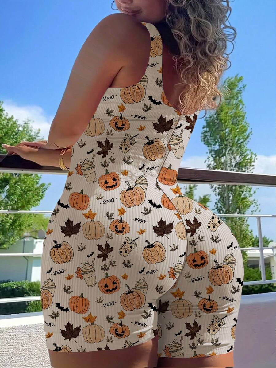 INAWLY Plus Size Pumpkin Print Fitted Romper, For Summer - Khaki - View 1