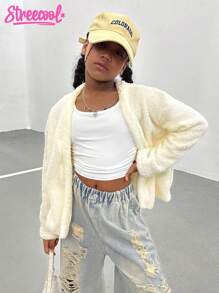 Tween Girl Casual Everyday Streetwear Warm Fuzzy Loose Batwing Long Sleeve Cropped Shrug Jacket, Apricot - Apricot - View 5