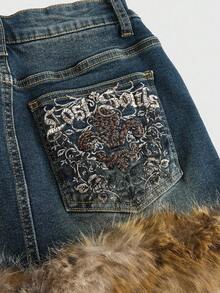 ROMWE Fairycore Váy denim lông giả thêu họa tiết da báo cỡ lớn + ghép mảnh đính đá - Màu xanh lam - Xem 2