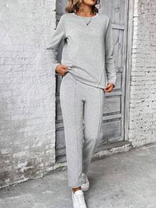 SHEIN PETITE 2pcs Women Long Sleeve Sweatshirt & Pants Set, Sweatshirt Top With Drawstring Hoodie, Elastic Waist Pants All White Casual Outfits Spring