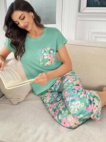 Snug Zone Contrast Color Pocket Floral Print Short Sleeve & Capri Pants Set Women Floral Pajama Set Women Summer Pajama Floral Pj Set Summer Pajama Sets For Women Floral Pajama Set Women Pajamas Set For Woman - Multicolor - View 7