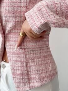 Selianne 优雅浪漫格子面料腰部合身长袖女式西装外套 - 粉色 - 查看 6