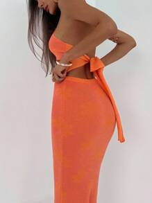 Aloruh 女士夏季度假海滩性感露背串珠花卉针织橙色吊带上衣 + 加长针织花卉图案短裙 2 件套秋冬性感女装 - 橘色 - 查看 5