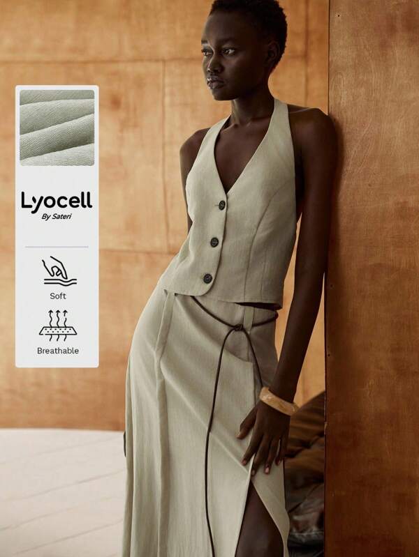 Lumivelle TwoPieceSet SummerOldMoney Style Women Women's Summer Tencel Linen Halter Top & Slit Midi Skirt 2 Pieces Set, Vintage Style