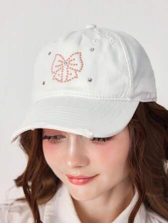 Kawaii 1 pieza Gorra de béisbol con lazo de strass para mujeres, apta para uso diario de las damas
