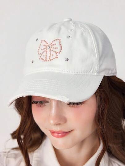 Kawaii 1pc Women's Rhinestone Bow Baseball Cap, Suitable For Ladies Daily Wear