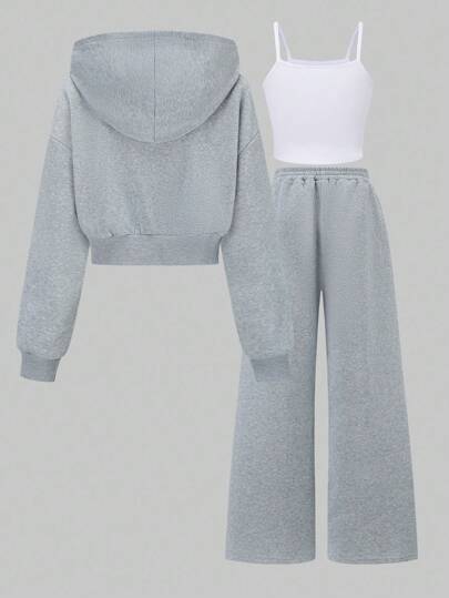 SHEIN Explorewe 3pcs Setelan Wanita Kasual Longgar Minimalis, Atasan Camisole, Hoodie Pendek dengan Resleting, dan Celana Panjang Lebar, Warna Abu-abu Muda, Cocok untuk Olahraga Musim Gugur, Celana Pendek untuk Perjalanan.