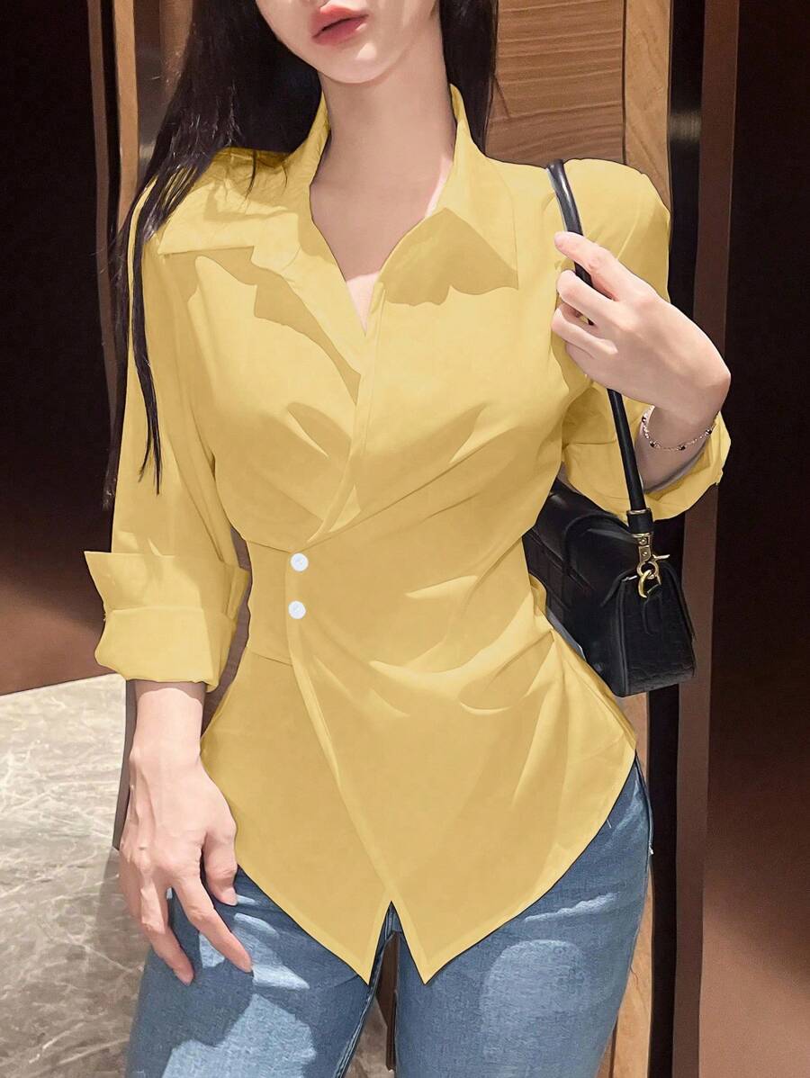 EMERY ROSE 女士纯色长袖裹身衬衫，春秋季女式休闲衬衫，适合春季、秋季、大学校园穿着 - 黃色 - 查看 1