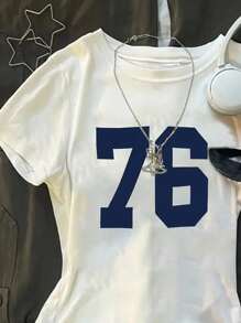 大尺寸短袖上衣，數字76印花嬰兒T恤，藍白條紋，夏季，街頭風，校園，返校季，百搭青少年女孩夏季假期 - 白色 - 查看 3