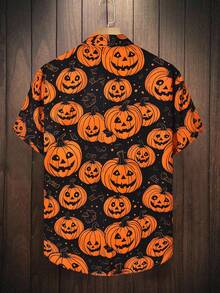 Manfinity Homme Men's Pumpkin Print Single-Breasted Casual Short Sleeve Shirt (Asymmetrical Print), For Halloween - Orange - View 2