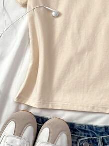 SHEIN Teen Girl Spring & Summer V-Neck Lace Splicing Casual Sports Knitted Solid Color BM Style Girl Digital Printing Short-Sleeved T-Shirt/Street Fashion Sports Slouchy Outing/ Casual/Summer/Summer Clothing/Summer Clothing/School Clothes