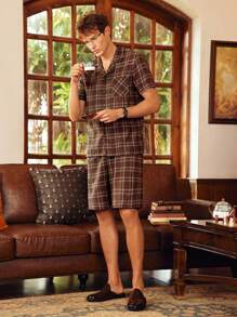 EverLounge Men Casual Plaid Woven Fabric Short Sleeve Top & Shorts Pajama Sets With Pocket Button Front Gentleman British Loungewear, Christmas - Green - View 5