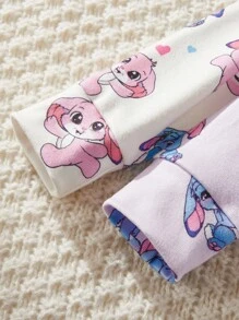 Conjunto de 4 piezas de pijama casual y ajustado para bebés niñas, con estampado de dibujo de Stitch, ropa cómoda para estar en casa para Halloween, primavera/otoño/invierno - Multicolor - Ver 6