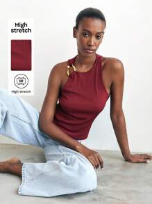 Maija Red Metal Decor Sleeveless Round Neck Fitted Women Tank Top, Minimalist Fashionable Sophisticated Urban Style, Essential Versatile Piece For Autumn/Winter, Halloween - Red - View 2