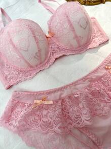 2PCS Sheer-Inspired Pink Bra And Panty Set In Soft Lace Design Panty And Bra Set Lace Lingerie Set Pink Lingerie Set  Kawaii Cute Coquette Babydoll  Cozy And Elegant Details - Pink - View 5