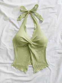 Soleia Top de tirantes con cuello halter, espalda anudada y drapeado texturizado para vacaciones, talla grande para mujer - verde menta - Ver 4