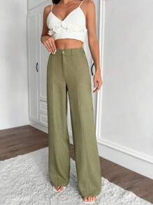 EURMUSE 女士纯色斜口袋休闲阔腿裤 - 卡其色 - 查看 1