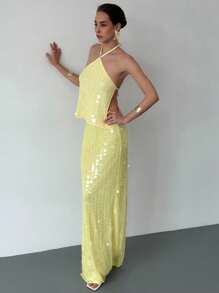 Aloruh Váy Maxi Sequin Chữ H Lưng Thấp Màu Vàng, Lãng Mạn Cho Buổi Hẹn Hò - Màu vàng - Xem 7
