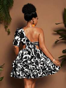 Maweii Plus Size Women's Elegant Vacation Style Floral Print One Shoulder Puff Sleeve Backless Belted Ruffle Hem A-Line Mini Dress, Spring/Summer - Black - View 2