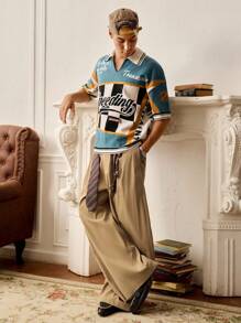 SWAVVY Men's Fashion Letter Striped Short Sleeve Casual Knit Top , Fall Winter - Multicolor - View 6