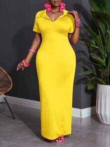 Slaydiva Vestido de manga corta con cuello polo, ajustado, elástico, minimalista, versátil y casual para uso diario en verano, talla grande para mujer