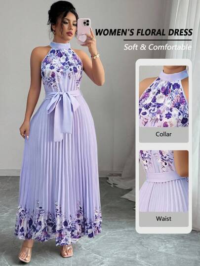 Elenzga Women's Summer Elegant Floral Loose-Fitting Halter Dress