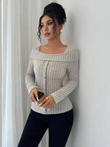 Elenzga Elegant Everyday Turndown Collar Decorative Button Textured Fuzzy Ribbed Women T-Shirt Fall Cloth For Women - Khaki - View 4