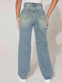 SHEIN PETITE Jeans de mujer de pierna ancha holgados, versátiles y con bolsillos desgastados - Lavado ligero - Ver 5