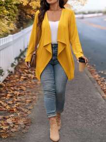 SHEIN LUNE Áo khoác len cardigan dài thiết kế cổ bất đối xứng thời trang mùa đông cỡ lớn cho đi chơi và đi làm, quần áo mùa thu cho phụ nữ mùa thu - Màu vàng - Xem 2