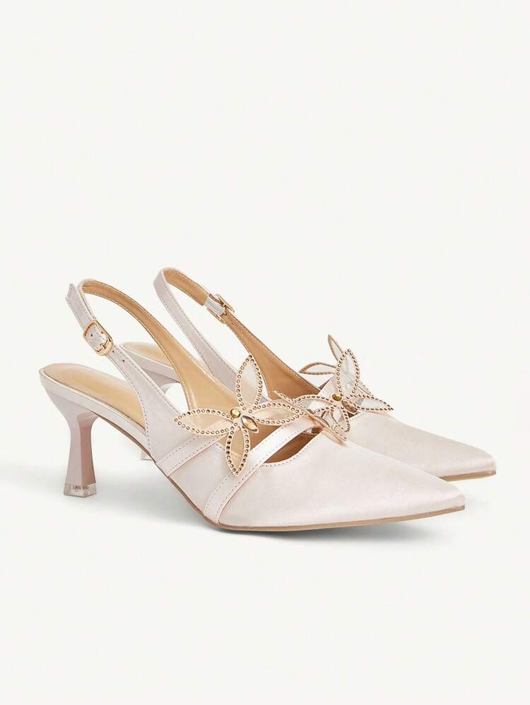CUCCOO CHICEST Sapatos de Salto Médio com Tira de Borboleta de Strass Bico Fino para Mulheres, Elegantes Doces Românticos Moda Raso Rosa Cetim Saltos Altos, Sapatos de Vestir para Casamento, Festa, Coquetel, Feriado