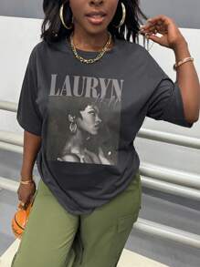 INAWLY Solva Plus Size Summer Casual People & Letter Print T-Shirt