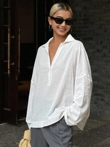 DAZY Solid Color Loose Long Sleeve Pullover Casual Vintage Blouse For Women, Autumn,Fall Women Clothes