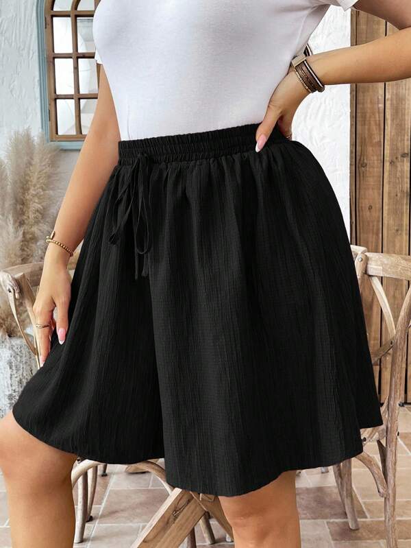 SHEIN LUNE Plus Size Women's Solid Color Knotted Wide Leg Casual Loose Shorts Black Shorts Wide Leg Shorts Elastic Waist Shorts Black Skirt With Shorts Casual Shorts Shorts With Elastic Waist