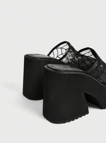 Sugerpunk Women's Fashion Lightweight Square Toe Thick Bottom Wedge Slippers Punk Style Mesh Embroidery Thick High Heel Open Toe Slip-On Sandals, Comfortable Breathable Casual Party Wear For Christmas - Black - View 4