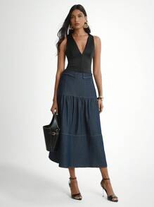 Daynim 女式休闲通勤牛仔荷叶边裙 - 深色水洗藍 - 查看 1