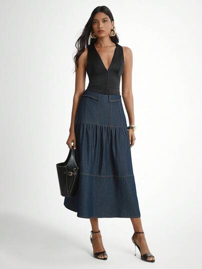 Daynim 女式休闲通勤牛仔荷叶边裙