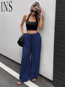 Siren Gaze Women's Linen Low-Waist Straight-Leg Casual Pants, Suitable For Vacation Wear, Spring/Summer Blue - Navy Blue - View 5