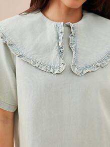 WESTFADE 荷叶边领短袖A字形棉混纺牛仔迷你乡村连衣裙女士夏季服装海滩度假服装 - 淺色水洗藍 - 查看 3