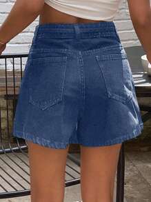 Quần short denim dáng chữ A cạp cao, rộng rãi, thắt eo, thích hợp cho nữ, kiểu quần short mùa hè. - Rửa trung bình - Xem 2