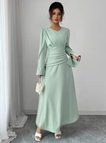 Elenzga Vestido elegante de mujer con diseño plisado y mangas acampanadas de unicolor