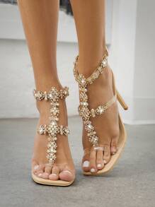 SHUZIA Glamorous Nude Clear Rhinestone Ankle Strap Open Toe Stunning Holiday Party Heels - Beige - View 4