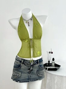 Elamini 女式绿色串珠刺绣亮片雪纺抽绳露背荷叶边休闲度假机场上衣，夏季