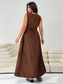 Solflare 大码女式纯色单排扣圆领无袖休闲连衣裙 - 棕色 - 查看 8