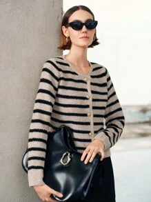 Uhlyne Vintage Style Loose Round Neck Long Sleeve Knitted Brown And Beige Contrast Stripe Metal Button Cardigan For Women, Spring/Autumn/Winter,Minimalist,Work Wear, Office Wear, Teacher Outfits, Back To School, Fall , Neutral Clothes,Business Casual, Old Money Style Knitted Sweater