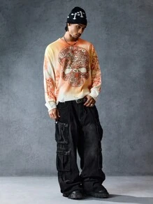 ROMWE MEN Street Life Suéter de cuello redondo con estampado de calavera para hombre, ropa urbana, Halloween - Multicolor - Ver 6