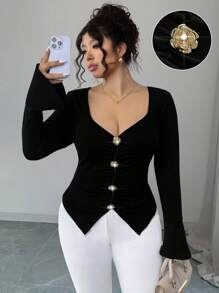 Elenzga 大码 V 领金属纽扣喇叭袖修身 T 恤 - 黑色 - 查看 1