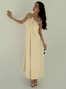 Aloruh New Champagne Backless Pleated Simple Long Halter Dress With Metal Ball Decor, Oversized Fit, Flattering Silhouette,Boho Clothes Women