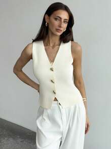 Aloruh Colete feminino elegante com decote em V, sem mangas, decorado com botões de metal, cor sólida, moda verão