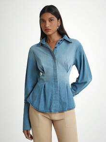 Daynim Women's Casual Waist Cinched Long Sleeve Pleated Denim Shirt Blouse - Medium Wash - View 5